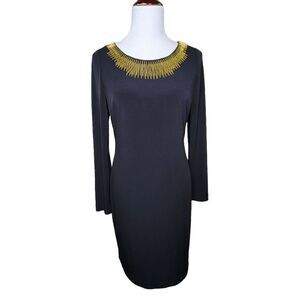 Calvin Klein Embellished Neck Long Sleeve Dress Black Gold Size 6
